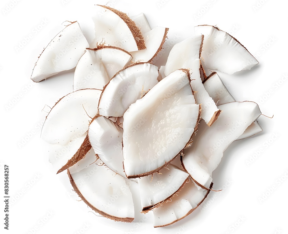 Isolated shot of coconut pieces, viewed from above, on white. Isolated shot of coconut pieces, viewed from above, on white.