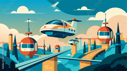 The futuristic air taxis offer a birds eye view of the entire park allowing riders to truly appreciate the grand scale of the attractions.. Vector illustration