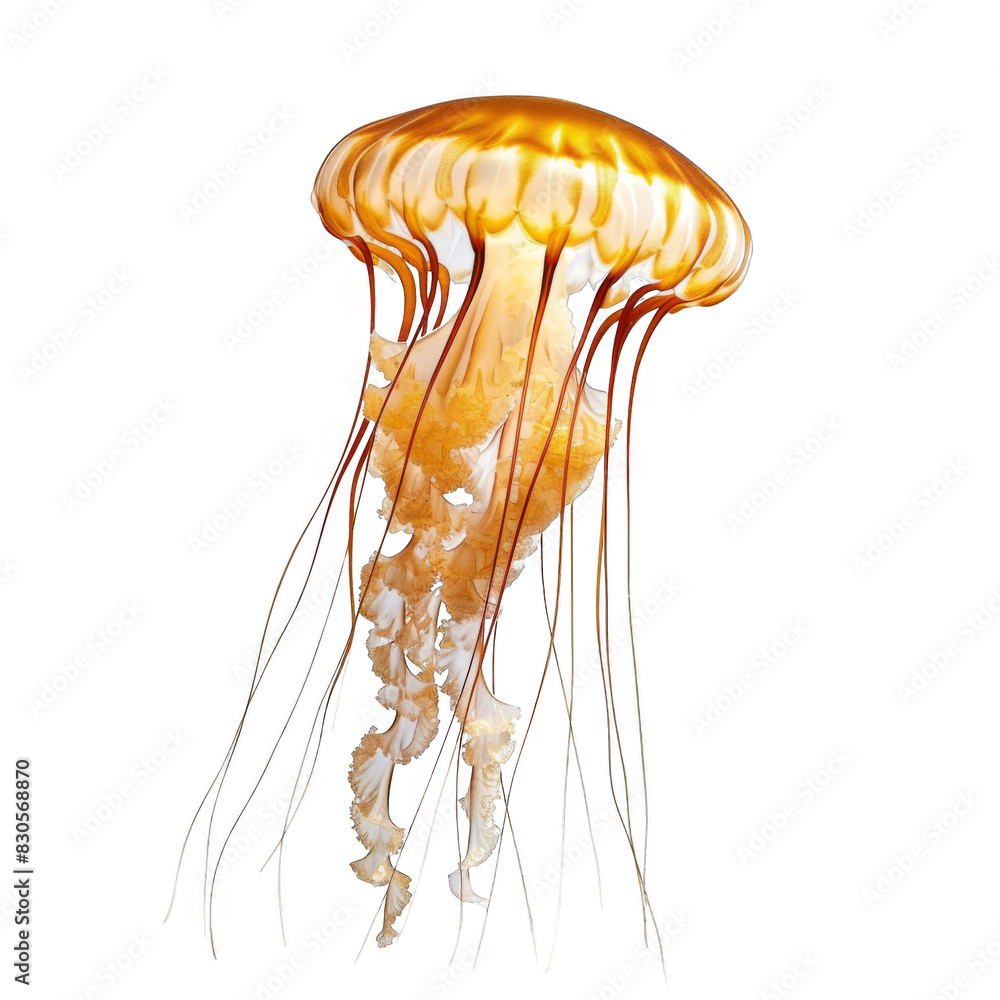 A large jellyfish with long tentacles is floating in the water. The jellyfish is orange and white, and its long tentacles are spread out in all directions, isolated on transparent background A large jellyfish with long tentacles is floating in the water. The jellyfish is orange and white, and its long tentacles are spread out in all directions, isolated on transparent background
