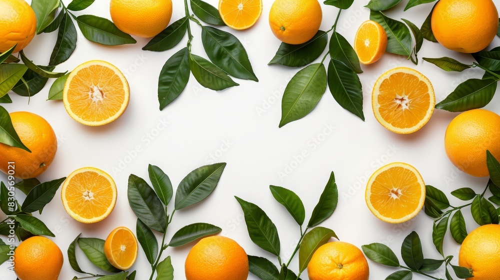 A collection of oranges atop a white table, surrounded by green leaves above and beneath A collection of oranges atop a white table, surrounded by green leaves above and beneath