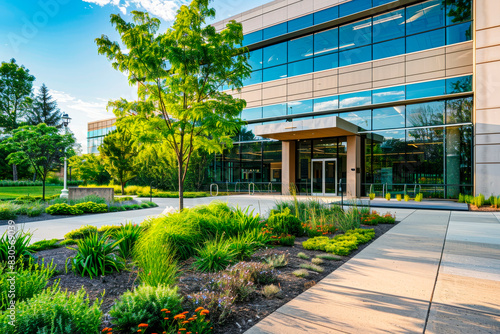 Modern office building entrance with exterior with glass windows, lush landscaping. Contemporary aesthetics workspace.
