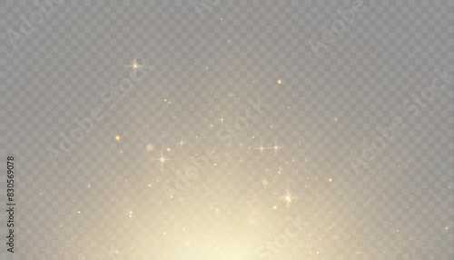 Bokeh glow background of sparkling dust, gold dust light, background with bokeh light effect, yellow shimmering glow with bokeh and glitter light. Vector	
