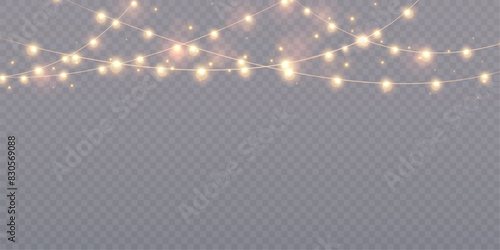 Vector garlands and yellow lights glow on a transparent background. Festive chain of lights, vector illustration 10 EPS