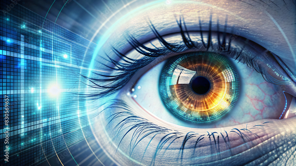 Close-up of a woman's blue eye with digital theme Close-up of a woman's blue eye with digital theme