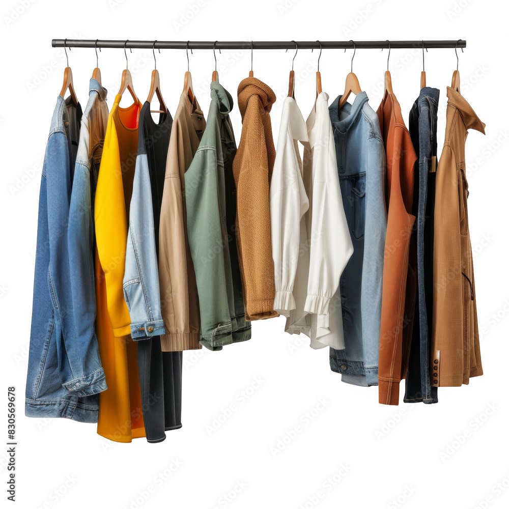 A rack of clothes hanging on a white background. The clothes are of various colors and styles, including jeans, jackets, and shirts, isolated on transparent background A rack of clothes hanging on a white background. The clothes are of various colors and styles, including jeans, jackets, and shirts, isolated on transparent background
