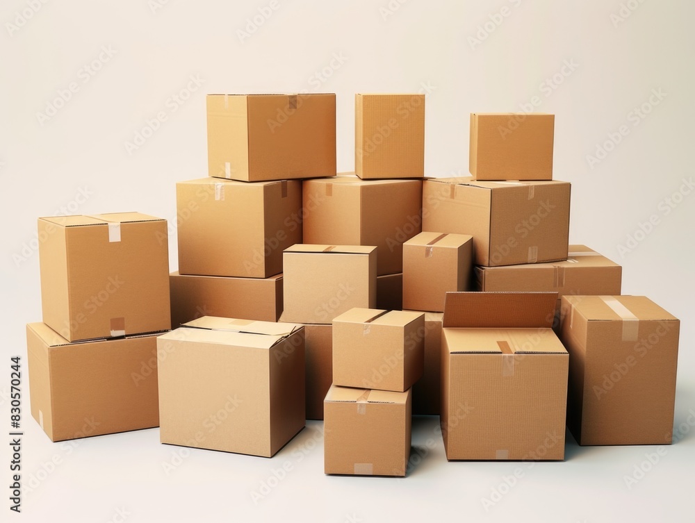A stack of cardboard boxes with a white background. The boxes are of different sizes and are piled on top of each other A stack of cardboard boxes with a white background. The boxes are of different sizes and are piled on top of each other