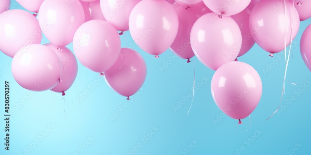 Pink balloons floating in the air, creating a festive and joyful atmosphere. The blue background adds a sense of calmness and complements the vibrant pink balloons