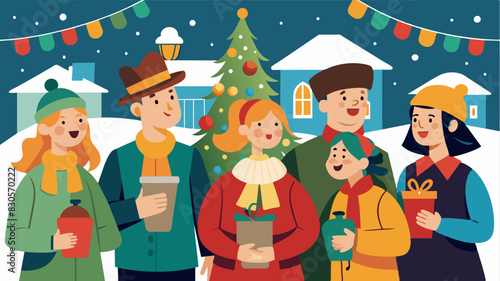 A cheerful group of carolers wander through the market spreading holiday cheer with their beautiful harmonies.. Vector illustration