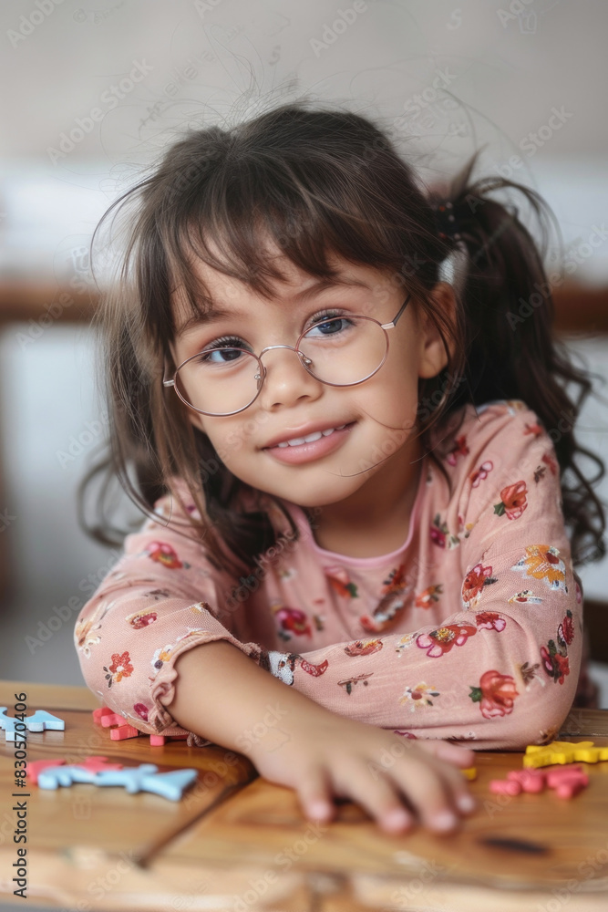 A young girl wearing glasses and a pink shirt is sitting at a table with a pile of colorful blocks A young girl wearing glasses and a pink shirt is sitting at a table with a pile of colorful blocks