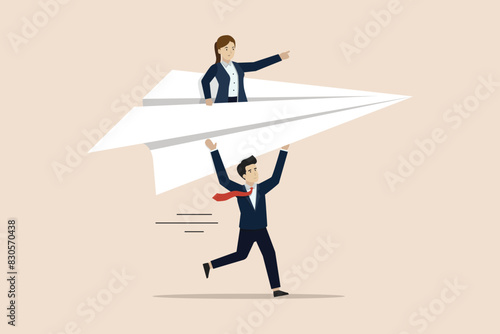 Mentor or support employee to success, manager helping staff achieve goals, businessman manager launching origami paper plane with coworkers.
