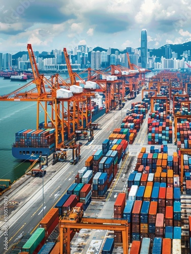 Overhead view of a commercial shipping container port with cranes and stacked containers in Hong Kong