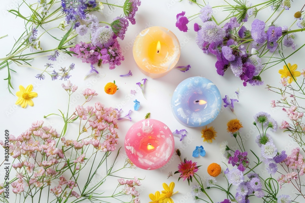 Three candles are lit on a table with flowers. The candles are pink, yellow, and blue Three candles are lit on a table with flowers. The candles are pink, yellow, and blue