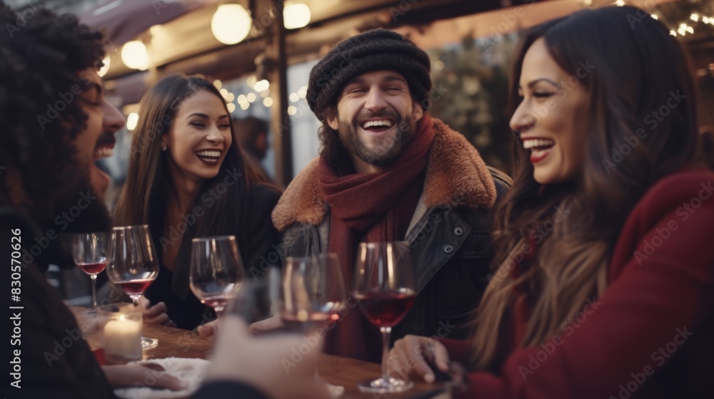 A group of people are sitting around a table, laughing and enjoying wine. The man in the center is wearing a red scarf and a hat A group of people are sitting around a table, laughing and enjoying wine. The man in the center is wearing a red scarf and a hat