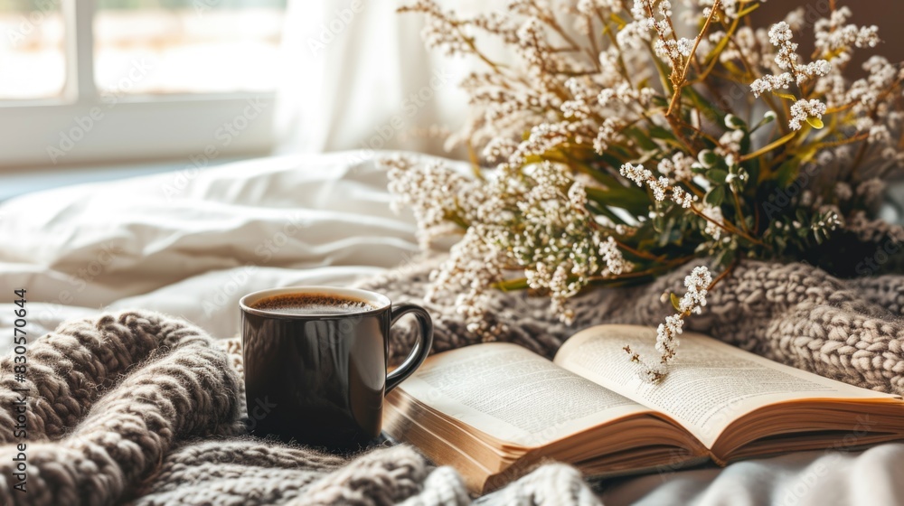 A cup of coffee and a book are on a bed. The book is open to a page with flowers on it. The scene is cozy and relaxing, with the cup of coffee and the book providing a sense of comfort and warmth A cup of coffee and a book are on a bed. The book is open to a page with flowers on it. The scene is cozy and relaxing, with the cup of coffee and the book providing a sense of comfort and warmth