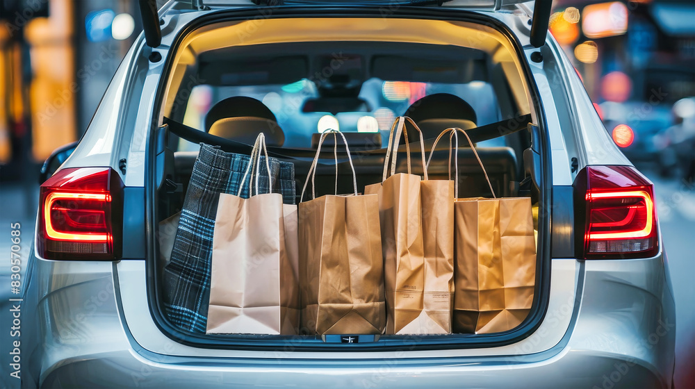 Fototapeta premium A variety of colorful shopping bags fill the trunk of a car, ready for a new adventure