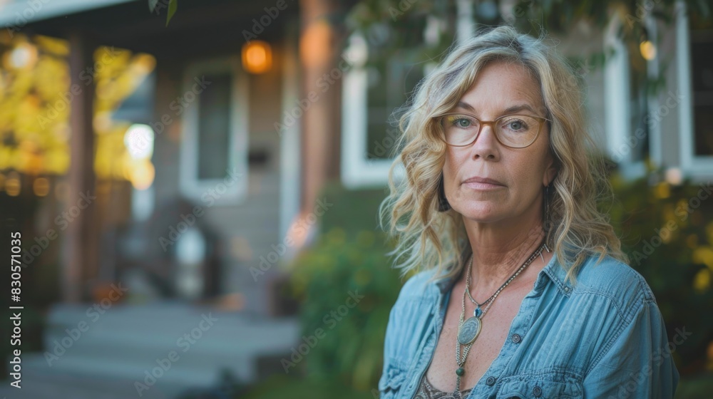 A woman with long hair and glasses stands in front of a house. She is wearing a blue shirt and a necklace A woman with long hair and glasses stands in front of a house. She is wearing a blue shirt and a necklace