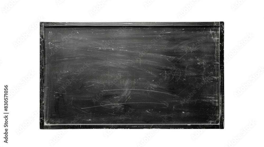 Fototapeta premium A black chalkboard. The chalkboard is dirty and has a worn look to it, isolated on transparent background