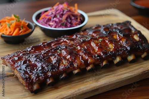 BBQ Ribs - Glazed ribs with a sticky BBQ sauce, served with coleslaw. 