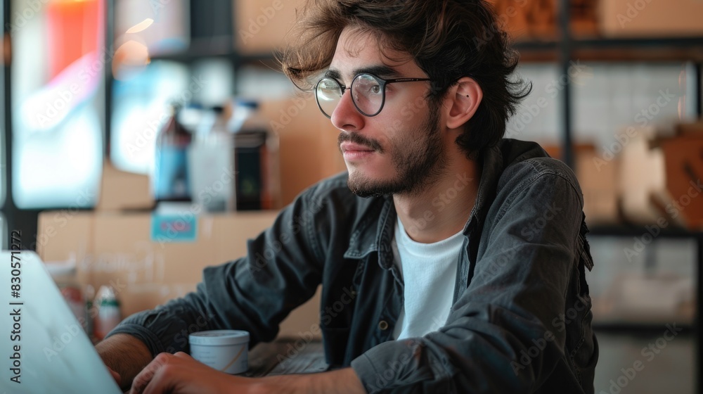 A man wearing glasses is sitting at a table with a laptop and a cup. He is focused on his work, possibly typing or browsing the internet. Concept of productivity and concentration A man wearing glasses is sitting at a table with a laptop and a cup. He is focused on his work, possibly typing or browsing the internet. Concept of productivity and concentration