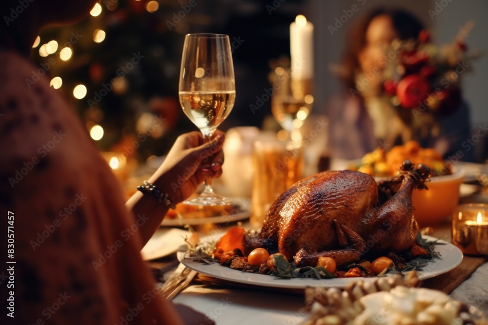 A person is holding a wine glass next to a large turkey on a plate. The table is set for a festive dinner with multiple dishes and a vase of flowers. The atmosphere is warm and inviting A person is holding a wine glass next to a large turkey on a plate. The table is set for a festive dinner with multiple dishes and a vase of flowers. The atmosphere is warm and inviting