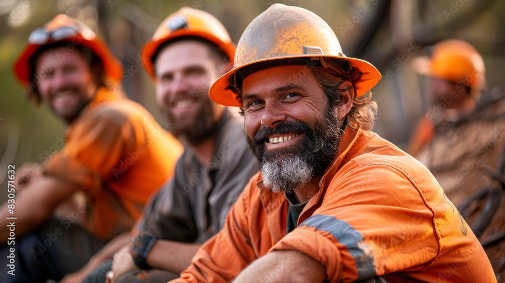 Group of happy construction workers sitting together and laughing during a break Group of happy construction workers sitting together and laughing during a break