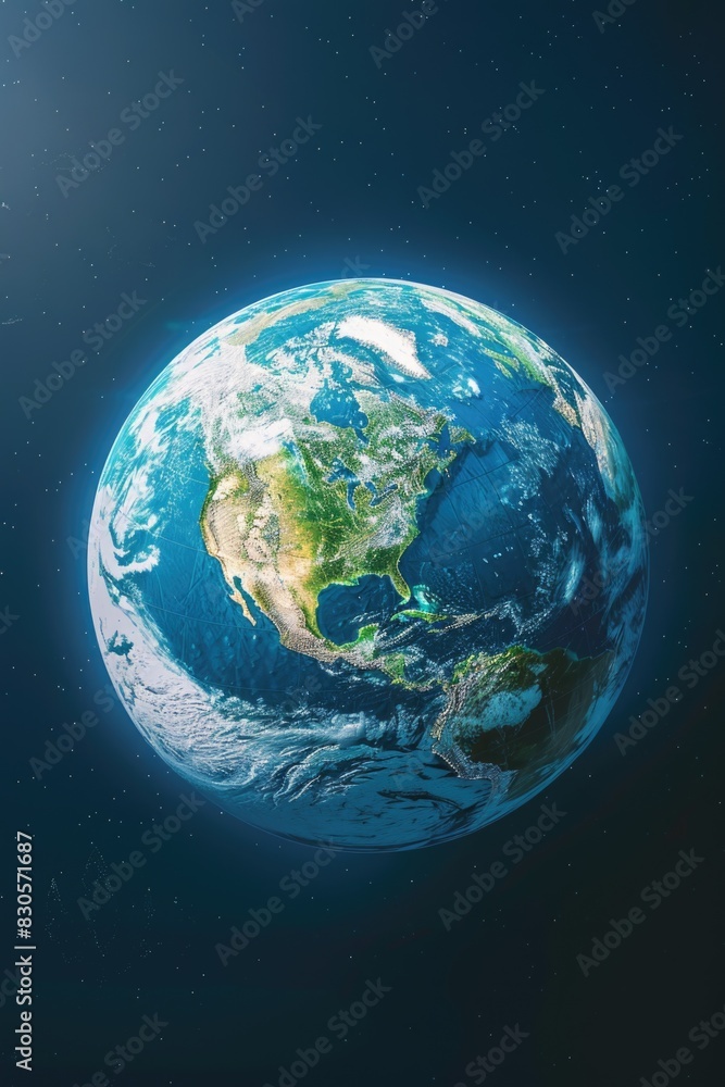 Obraz premium A close up of the Earth with the continents of North America and South America visible. The image has a serene and peaceful mood, as it captures the beauty of our planet from a unique perspective