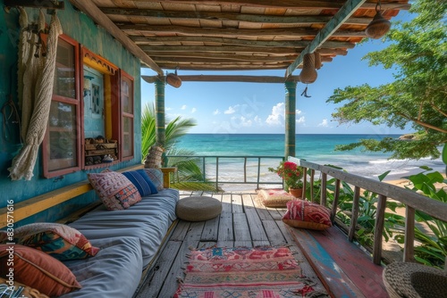 A serene, tropical beach view from a colorful porch with comfortable seating and bohemian decor