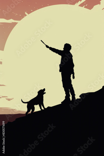 A man and his dog are standing on a hill, with the man holding a wand. The scene is set against a backdrop of a large moon, creating a sense of wonder and adventure. Scene is one of excitement