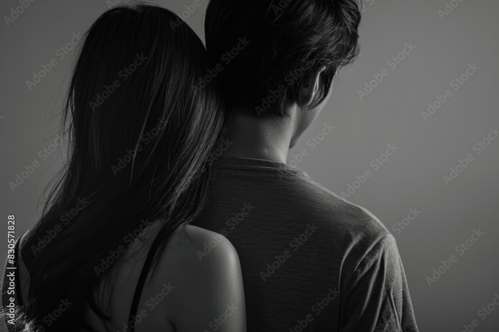 Obraz premium A man and woman are hugging each other. The man is wearing a gray shirt. The woman has long hair