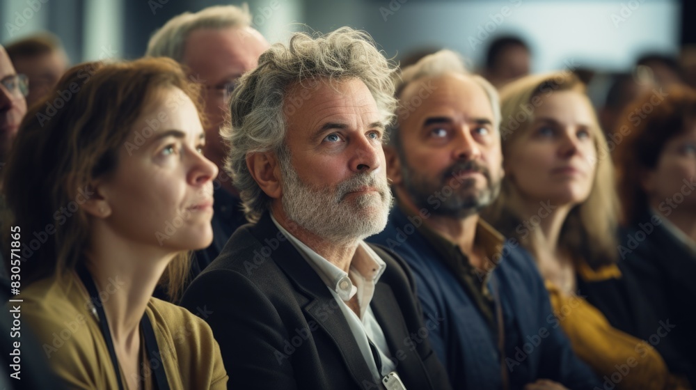 A group of people are sitting in a room and looking at something. Scene is serious and focused A group of people are sitting in a room and looking at something. Scene is serious and focused