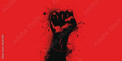 A red background with a black fist with a spray paint splatter on it. Concept of rebellion and defiance