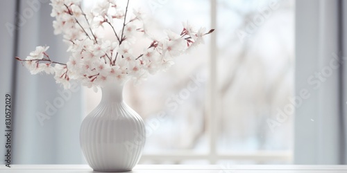A white vase with a white flower in it sits on a table by a window. The vase is the main focus of the image, and the flower adds a touch of elegance and beauty to the scene