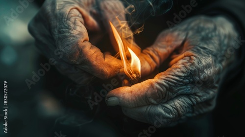 A close-up of weathered hands striking a match, the flame flickering to life © crazyass