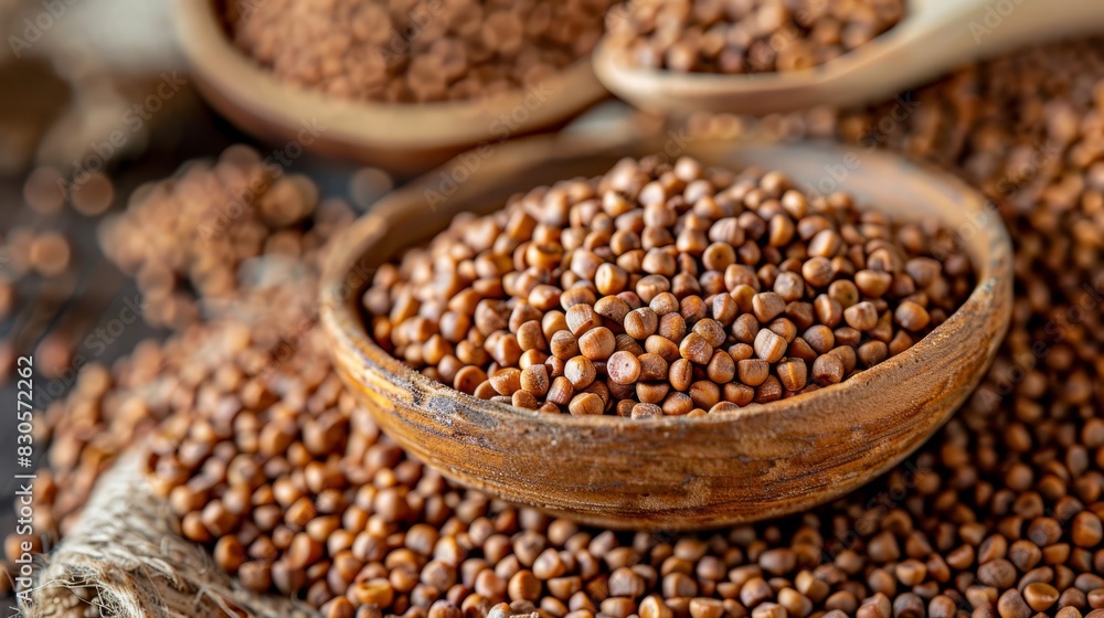 A wooden bowl holds brown lentils, nearby stand two wooden spoons, each filled with the same browning legumes A length of twine lies beside them A wooden bowl holds brown lentils, nearby stand two wooden spoons, each filled with the same browning legumes A length of twine lies beside them