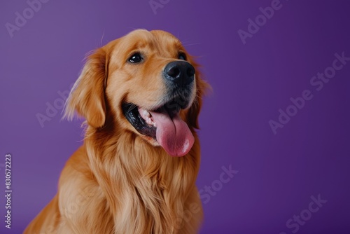 A dog with a tongue sticking out is sitting on a purple background. The dog appears to be happy and relaxed © vefimov