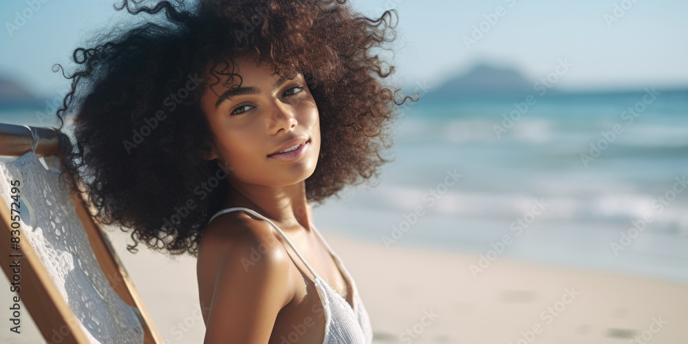 A woman with curly hair is sitting on a beach chair, smiling for the camera. Concept of relaxation and enjoyment of the beach environment A woman with curly hair is sitting on a beach chair, smiling for the camera. Concept of relaxation and enjoyment of the beach environment