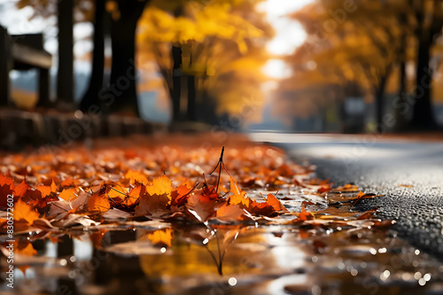 Landscape Yellow maple leaves falling on ground in middle of road in autumn with blurred background. Background Abstract Texture. colorful autumn leaves. Realistic clipart template pattern.