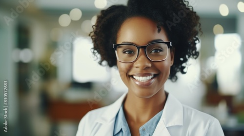 A woman wearing glasses and a white lab coat is smiling. She is wearing a pair of black glasses