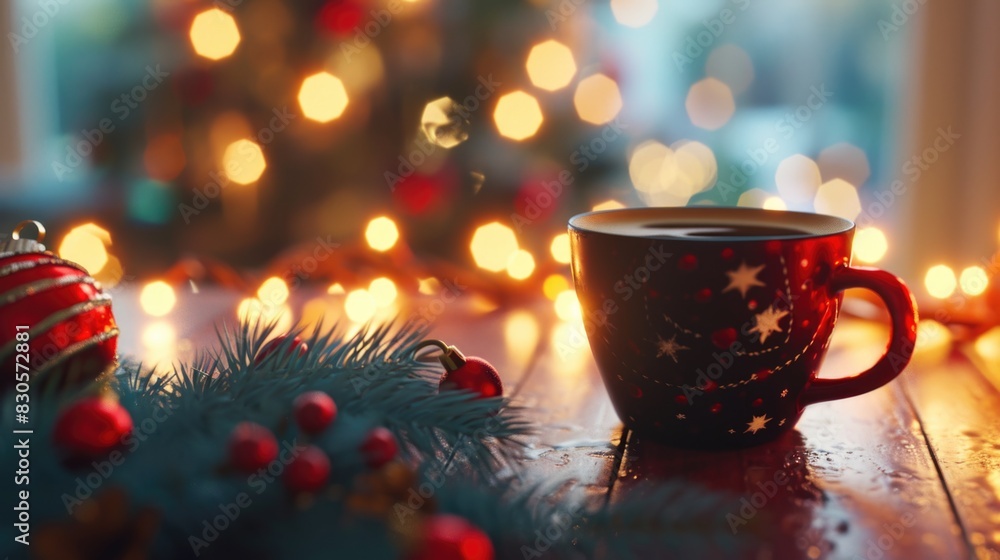 A red mug with stars on it sits on a wooden table next to a Christmas tree and a bunch of red ornaments A red mug with stars on it sits on a wooden table next to a Christmas tree and a bunch of red ornaments