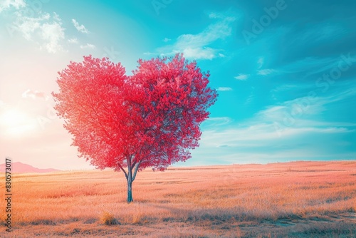 A tree with a heart shape in the middle of a field. The sky is blue and the sun is shining