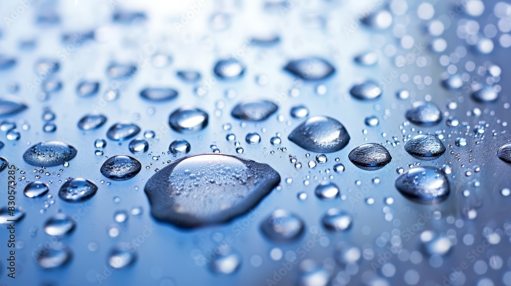 A tight shot of water droplets on a metallic surface against a blue backdrop Few white specks float inside each water droplet A tight shot of water droplets on a metallic surface against a blue backdrop Few white specks float inside each water droplet