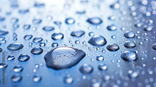  A tight shot of water droplets on a metallic surface against a blue backdrop Few white specks float inside each water droplet