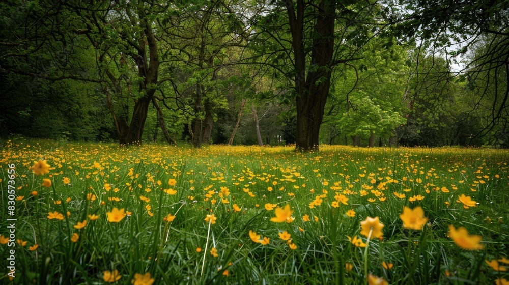Obraz premium Yellow flowers field with trees in the background