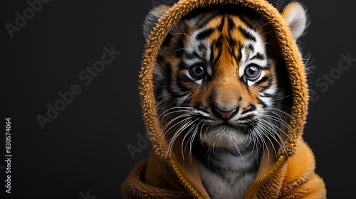 baby tiger wearing huddy with black background.