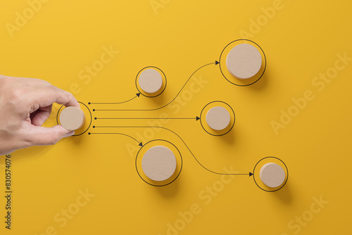 Business process and workflow automation with flowchart. Hand holding wooden cube block arranging processing management on yellow background © Monster Ztudio