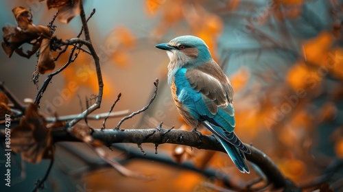 Blue European roller perched on a tree branch photo