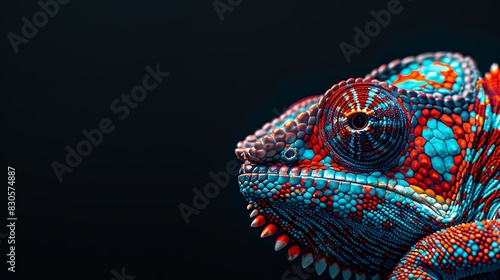  A tight shot of a chromatic chameleon's head against a black backdrop, featuring vibrant red, blue, and green accents on its sides, and an orange belly photo