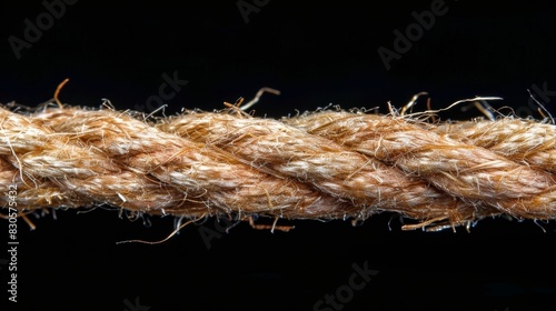  A tight close-up of a rope's tip, adjacent to its termination Two yarn strands are securely knotted on either side