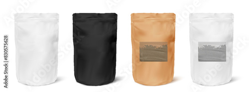 Realistic Zip Package mockups for advertising and presentation. Black and White tea Zip package mock-up for logo and brand design. Vector 3d illustration