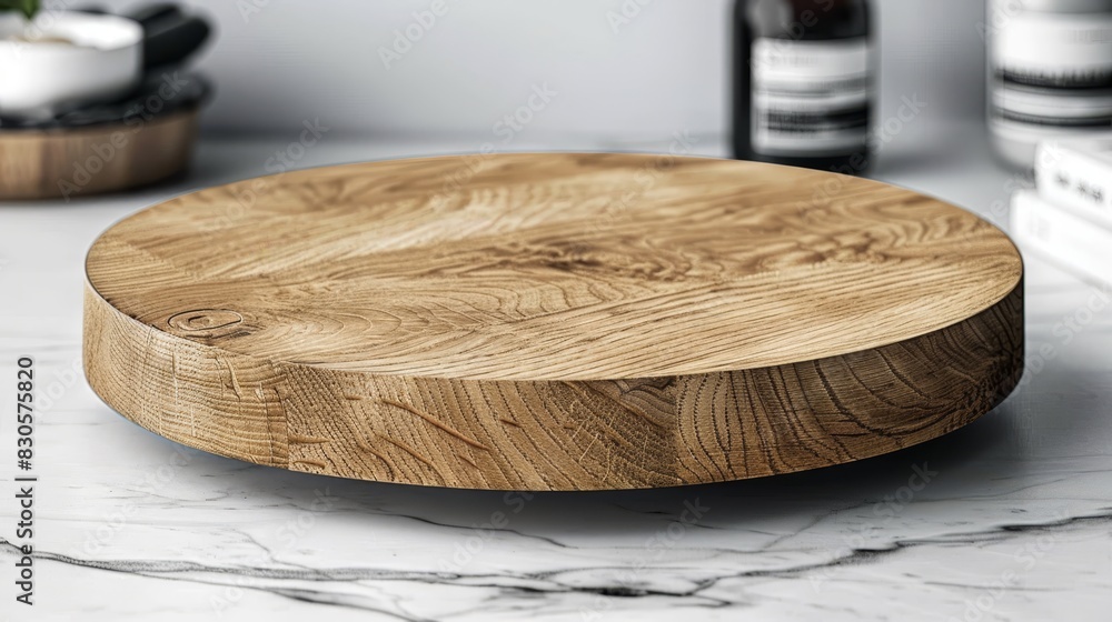  A wooden cutting board sits atop a marble countertop Nearby, a bottle of wine and a can of wine rest on the counter's side